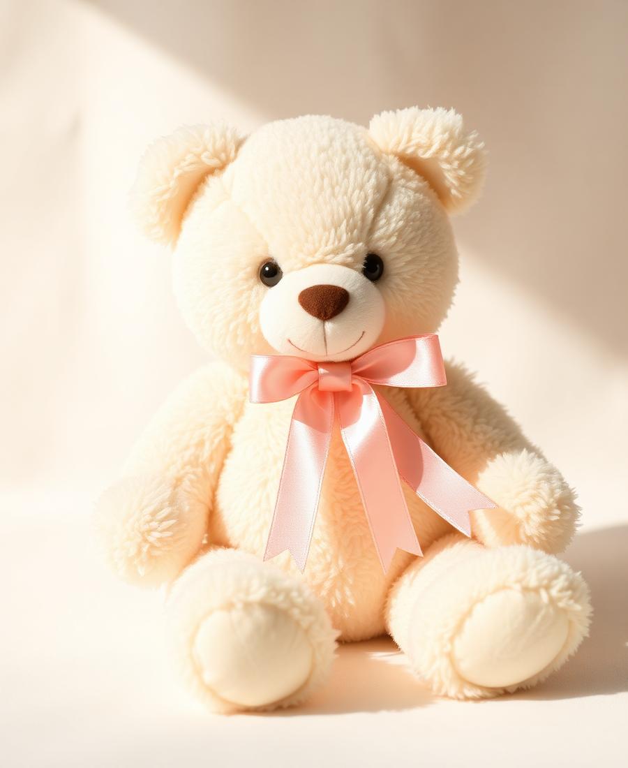 A cream plush teddy bear wearing a pink satin ribbon