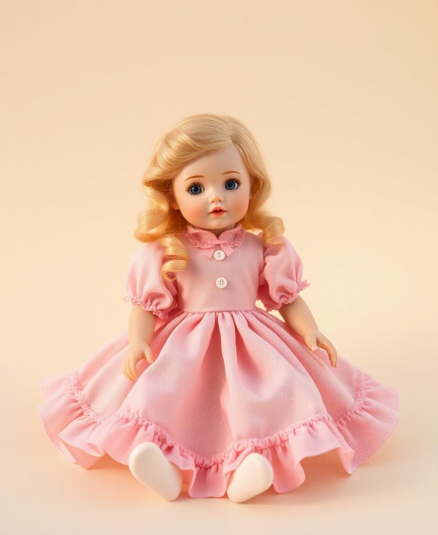 A collectible doll in a soft pink dress on a warm off-white background