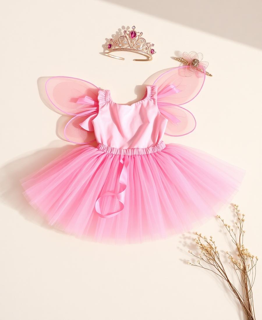 A pink tulle tutu laid out with fairy wings and a tiara