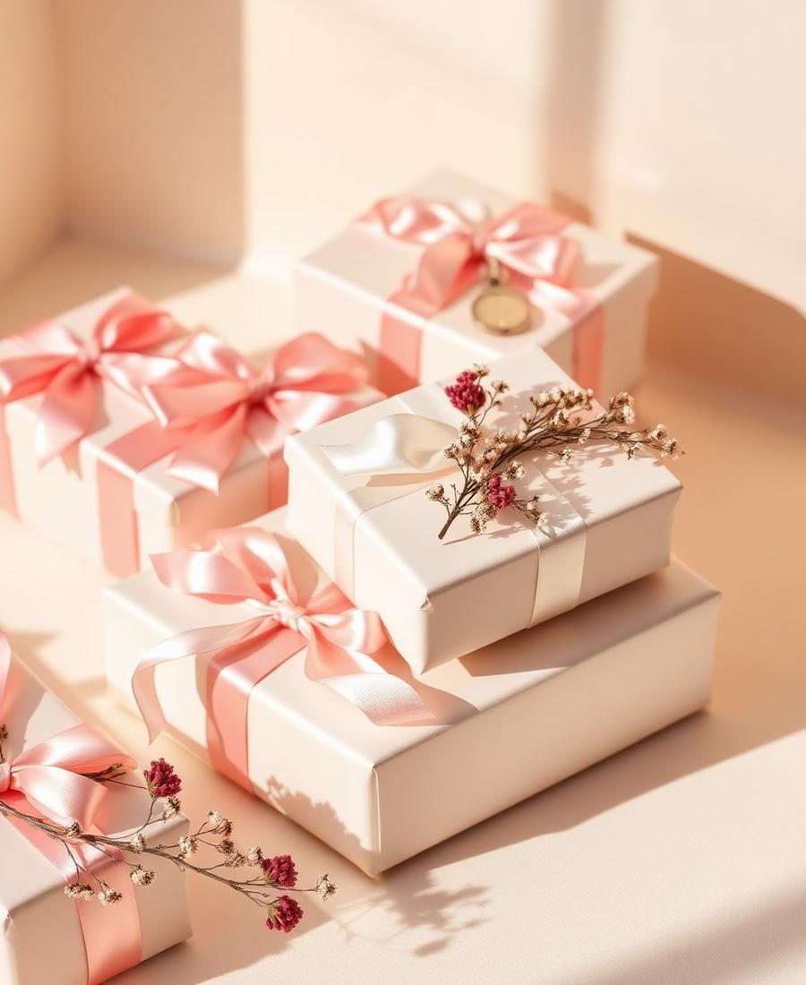 Gift boxes wrapped in cream paper with blush satin ribbons