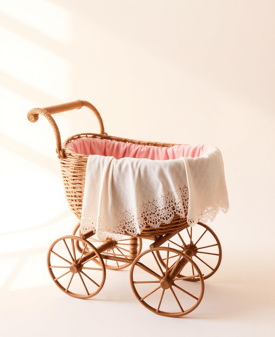 A wicker doll's pram with blush lining and a lace blanket