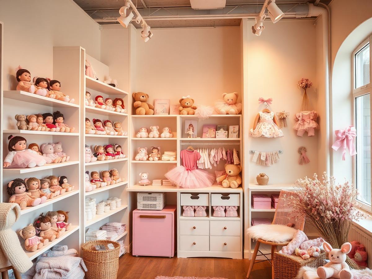 Boutique shelves filled with dolls, teddy bears and pastel children's clothing