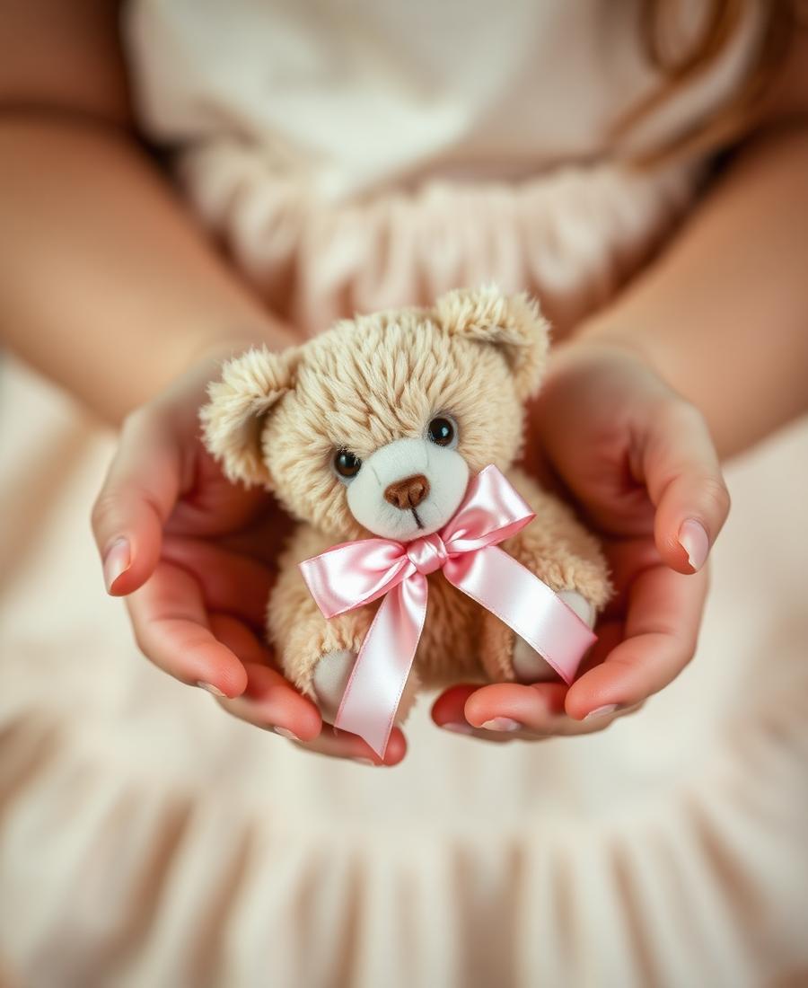 A child's hands cupping a small teddy bear tied with a pink satin ribbon