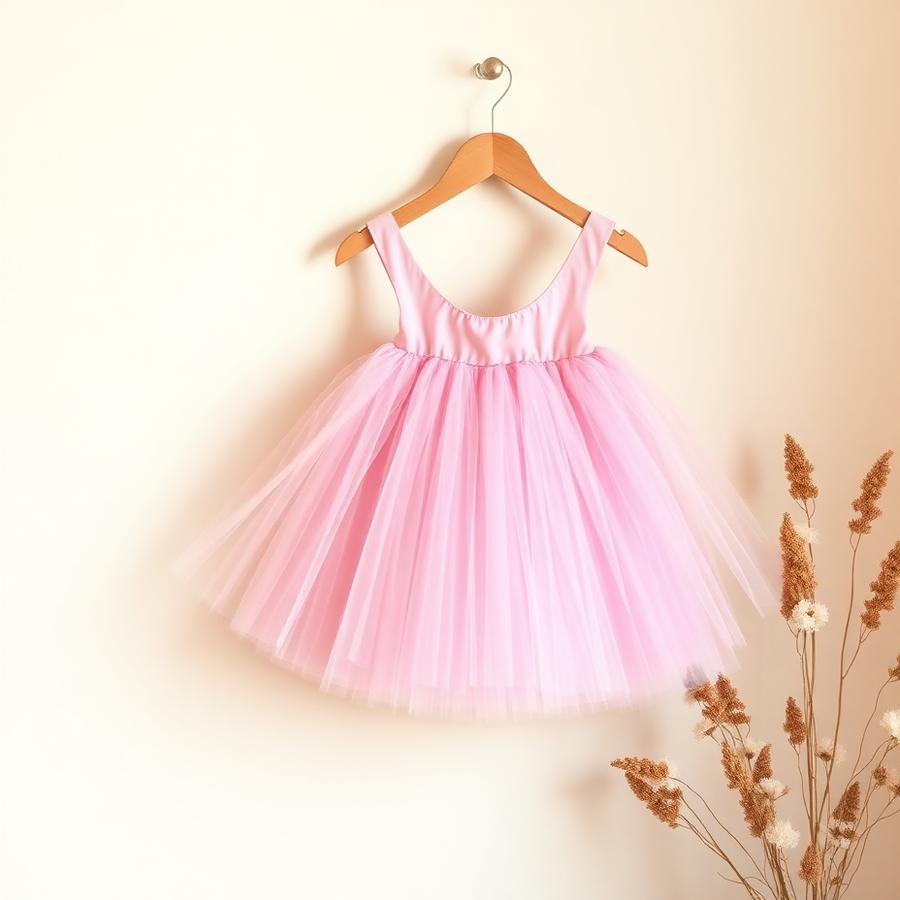 A pink tulle tutu dress hanging on a wooden hanger beside dried flowers