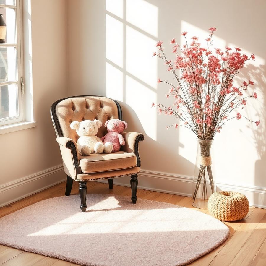 A cosy boutique corner with an armchair, plush toys and pink dried florals