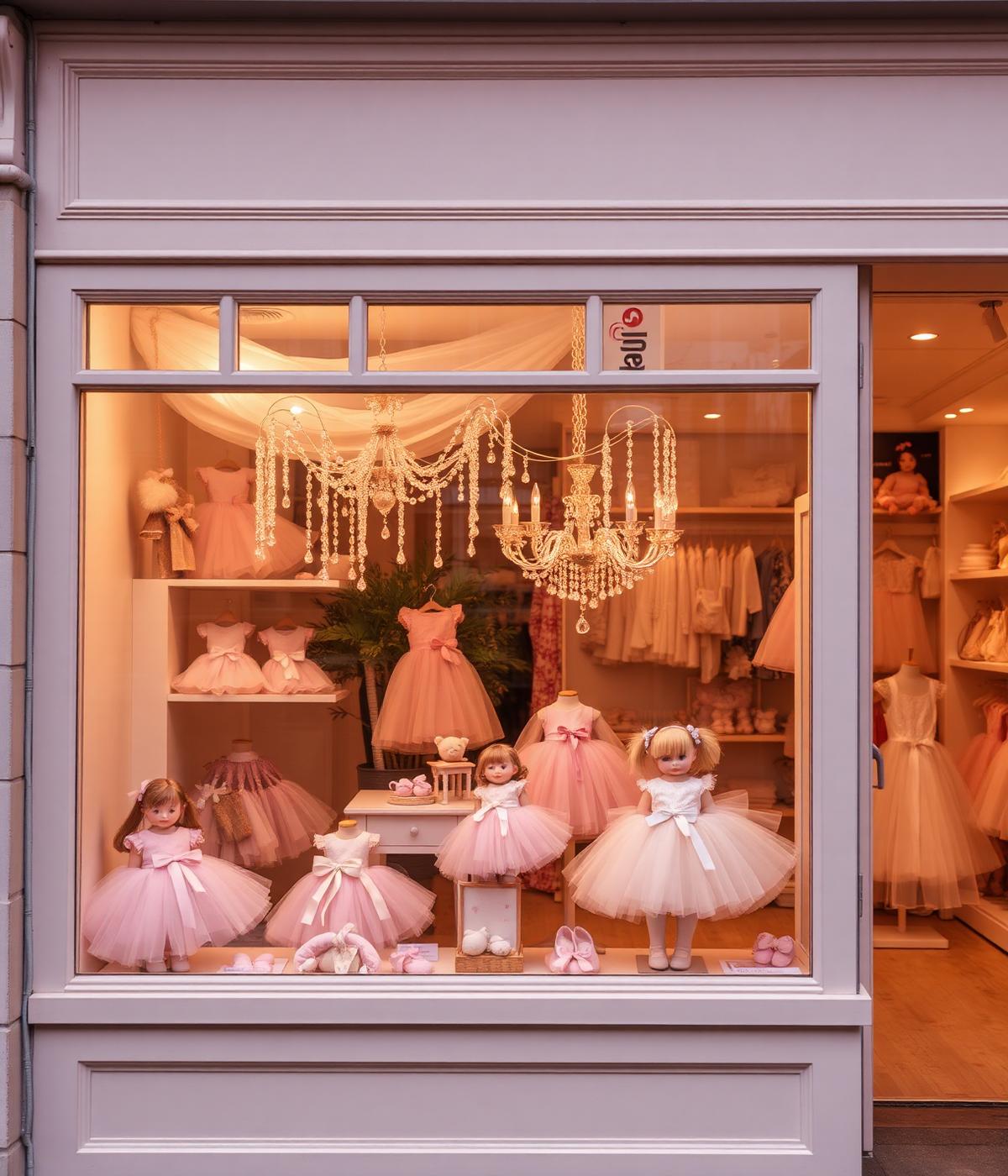 A children's boutique window display of dolls and tutus glowing in warm evening light